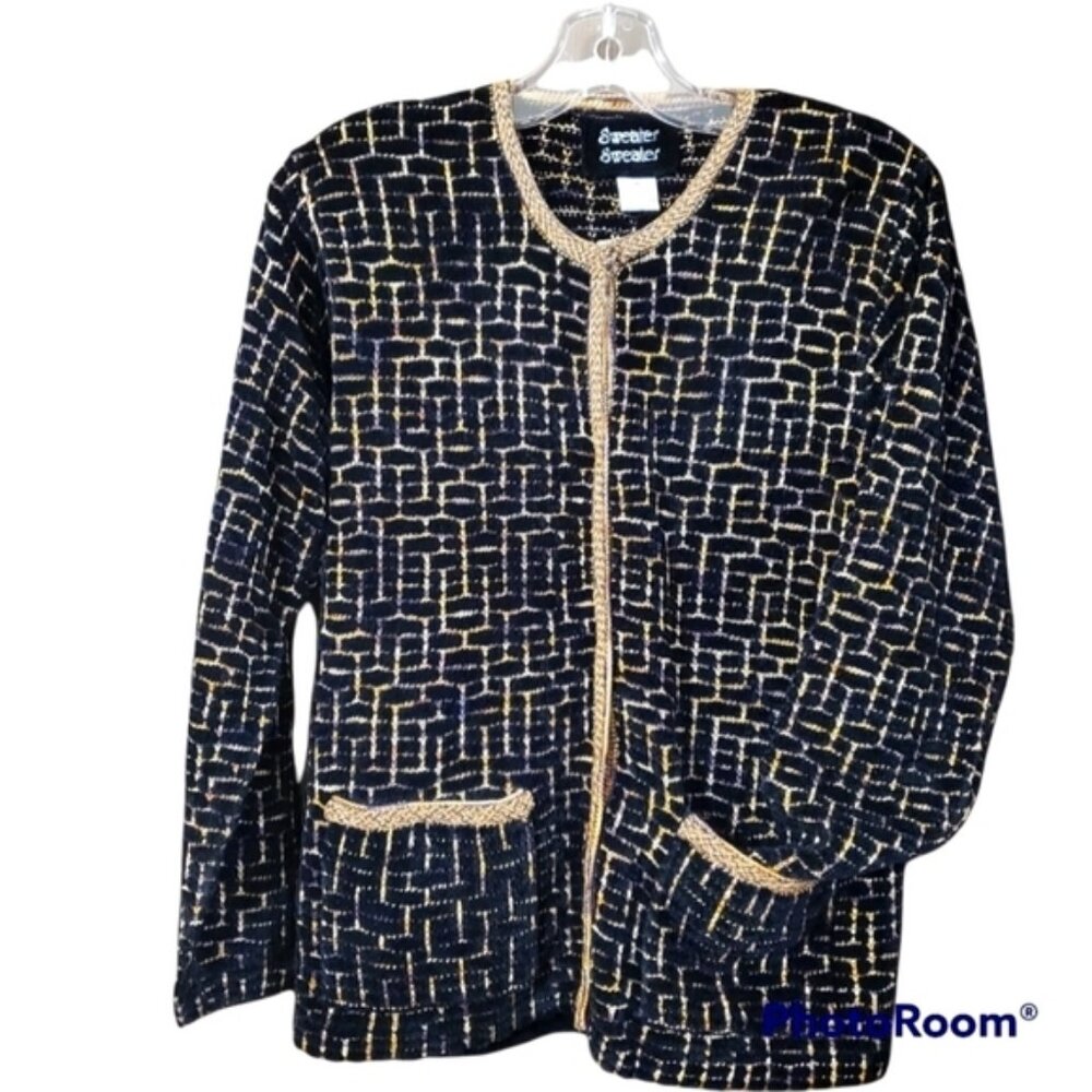 Sweater Sweater Vintage black gold chenille knit blazer jacket size M